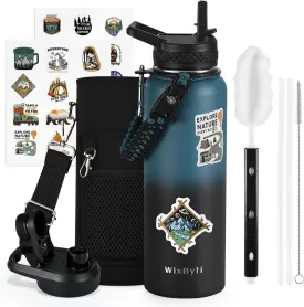40 oz Insulated Water Bottle with Straw (Cold for 48 Hrs), Stainless Steel Triple Wall Vacuum Sports Water Jug, Leakproof Hydro Cup Flask with Paracord Handle & Straw Spout Lids & DIY Stickers