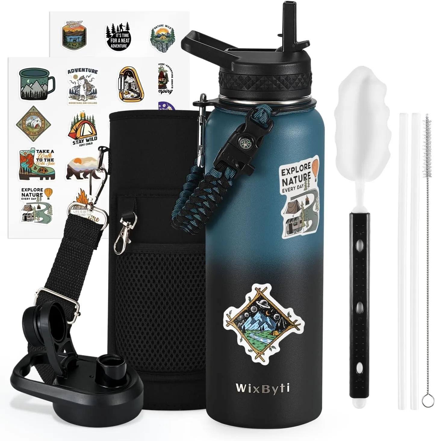 40 oz Insulated Water Bottle with Straw (Cold for 48 Hrs), Stainless Steel Triple Wall Vacuum Sports Water Jug, Leakproof Hydro Cup Flask with Paracord Handle & Straw Spout Lids & DIY Stickers