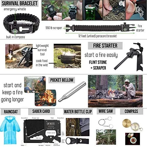 ASA Techmed Emergency Survival Kit 50 Pc Survival Gear Tactical IFAK First Aid Kit for Camping Adventures SOS Emergency Flashlight Pen Paracord Bracelet Fishing Kit Compass with Molle Pouch
