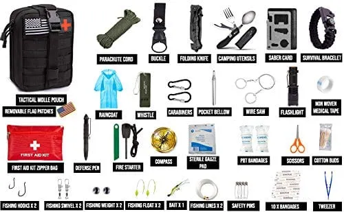 ASA Techmed Emergency Survival Kit 50 Pc Survival Gear Tactical IFAK First Aid Kit for Camping Adventures SOS Emergency Flashlight Pen Paracord Bracelet Fishing Kit Compass with Molle Pouch