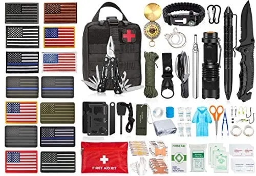 ASA Techmed Emergency Survival Kit 50 Pc Survival Gear Tactical IFAK First Aid Kit for Camping Adventures SOS Emergency Flashlight Pen Paracord Bracelet Fishing Kit Compass with Molle Pouch