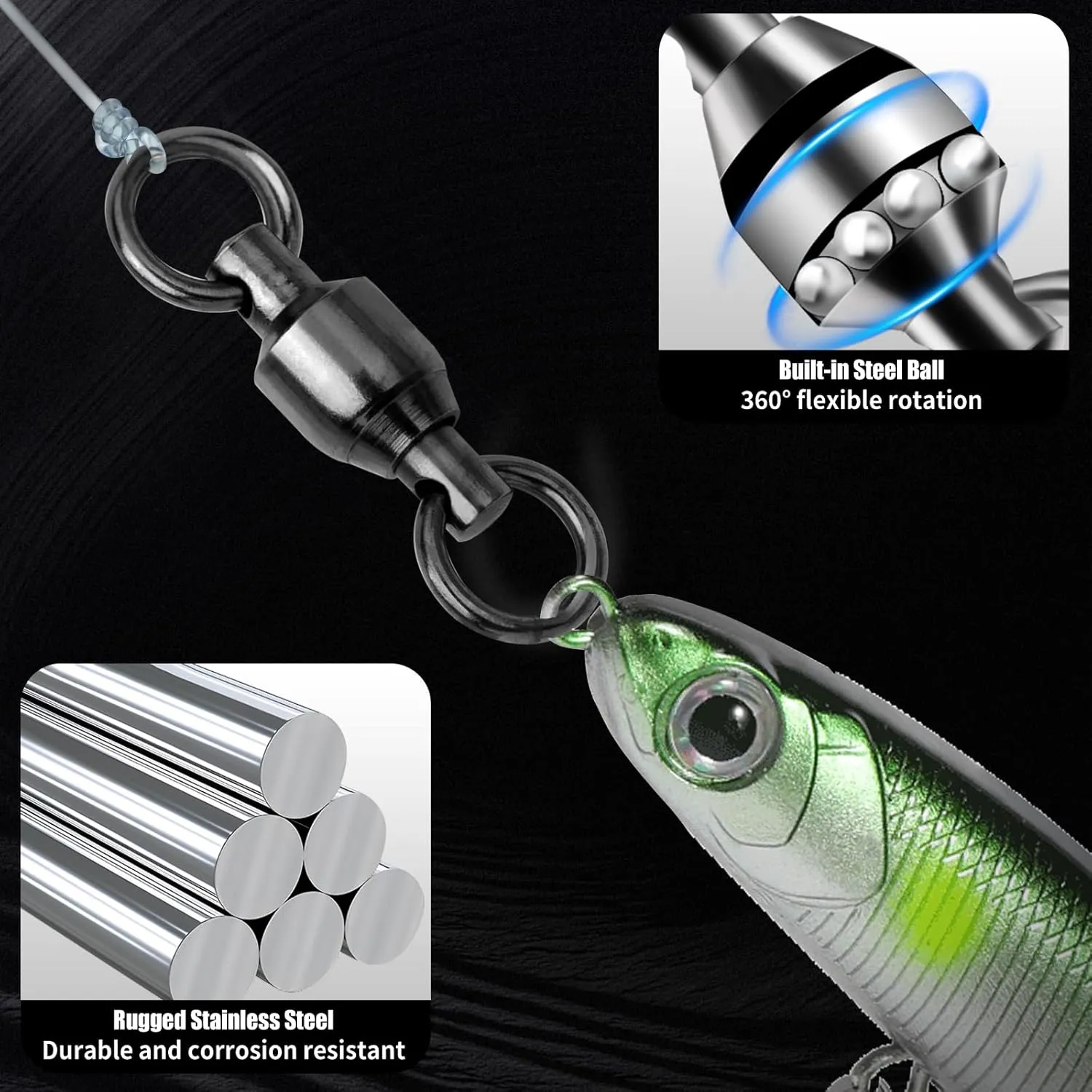 Ball Bearing Fishing Swivels 30/50pcs 0#-10# Swivels Fishing Tackle with Stainless Steel Solid Welding Ring for Saltwater Freshwater High Strength