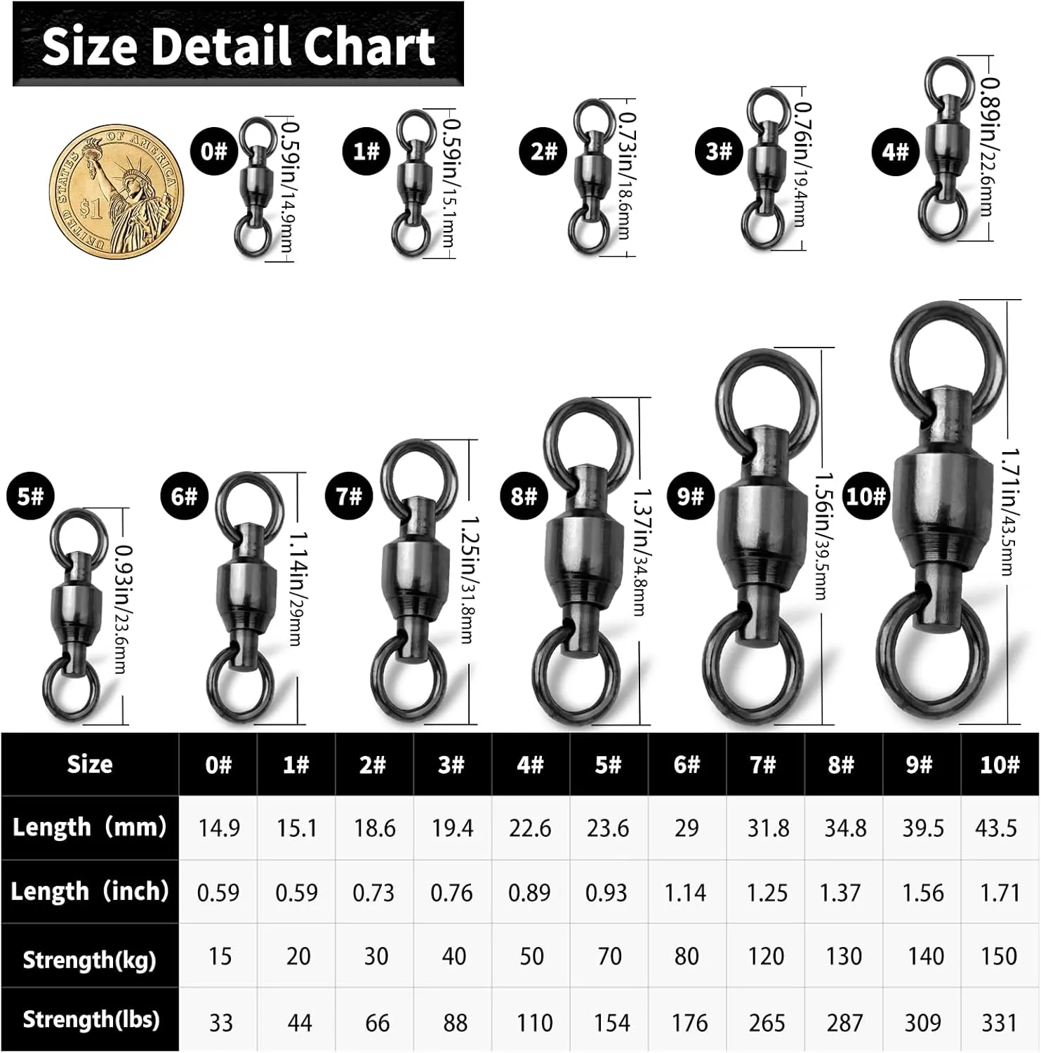 Ball Bearing Fishing Swivels 30/50pcs 0#-10# Swivels Fishing Tackle with Stainless Steel Solid Welding Ring for Saltwater Freshwater High Strength
