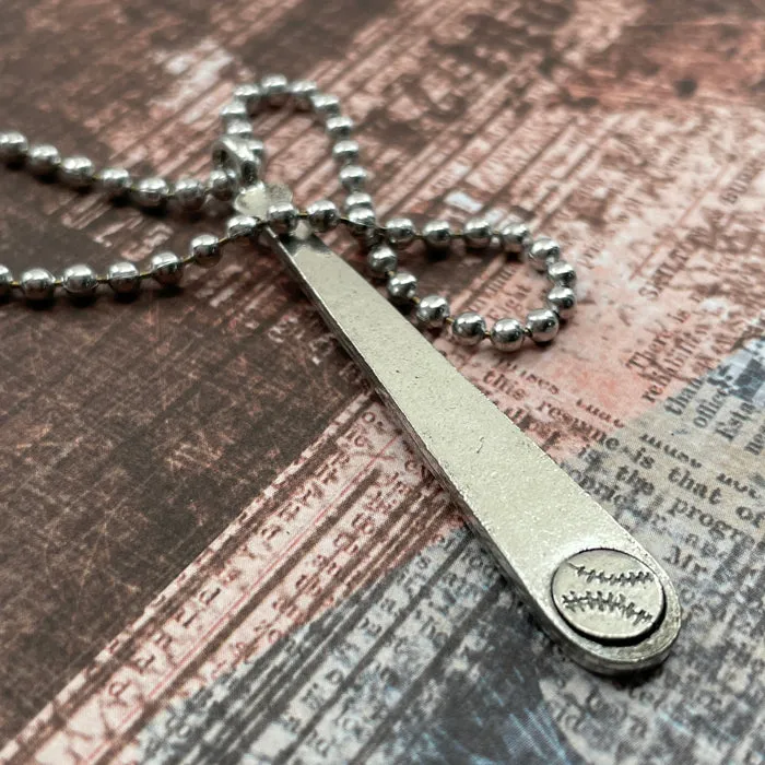 Baseball Softball Bat Necklace Antique Silver Ball Chain