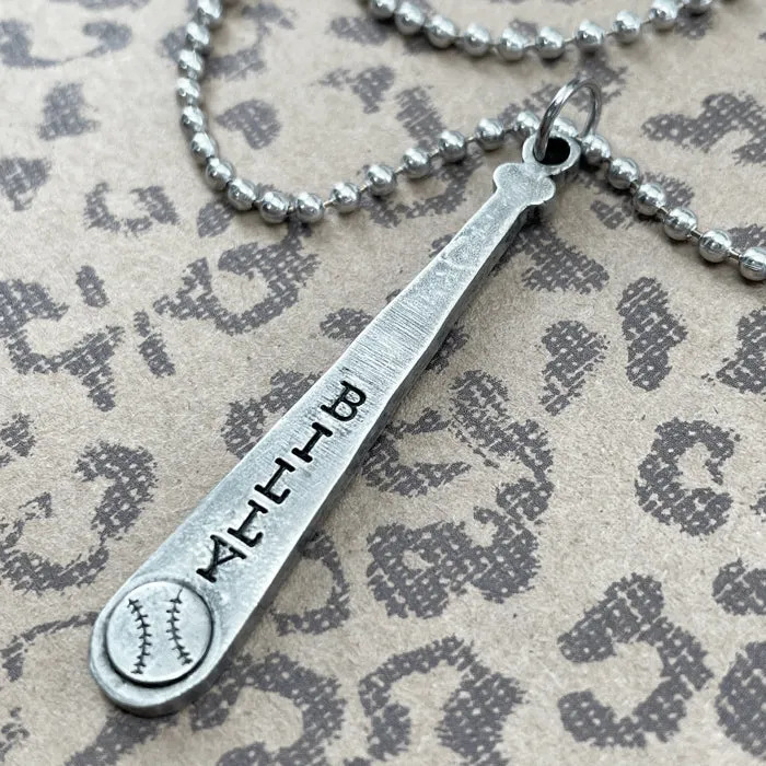 Baseball Softball Customize Name Bat Necklace Antique Silver