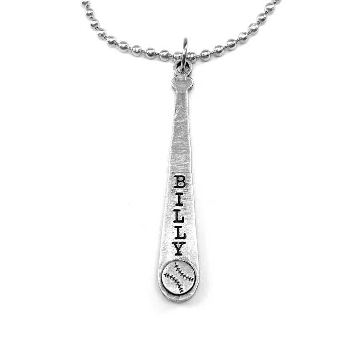 Baseball Softball Customize Name Bat Necklace Antique Silver