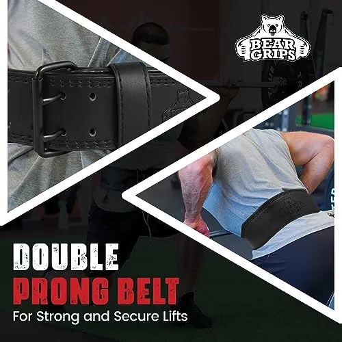 Bear Grips Weight Lifting Belt 7mm Weightlifting Belt Padded Gym Belt Double Prong Squat Belt Leather Workout Belt Powerlifting Deadlift Belt Back Support Exercise Belt Training Cinturon Black - XS