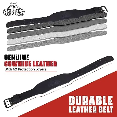Bear Grips Weight Lifting Belt 7mm Weightlifting Belt Padded Gym Belt Double Prong Squat Belt Leather Workout Belt Powerlifting Deadlift Belt Back Support Exercise Belt Training Cinturon Black - XS