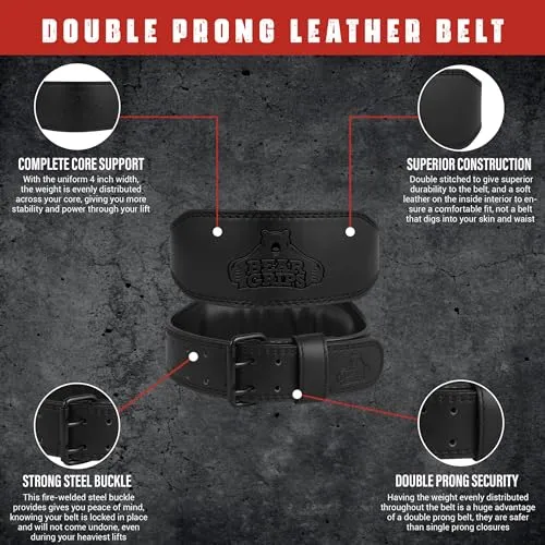 Bear Grips Weight Lifting Belt 7mm Weightlifting Belt Padded Gym Belt Double Prong Squat Belt Leather Workout Belt Powerlifting Deadlift Belt Back Support Exercise Belt Training Cinturon Black - XS
