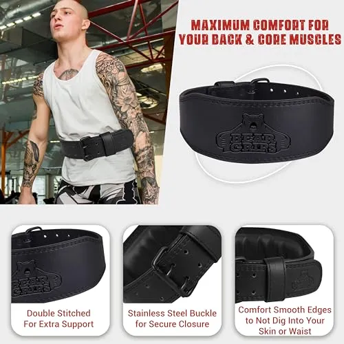 Bear Grips Weight Lifting Belt 7mm Weightlifting Belt Padded Gym Belt Double Prong Squat Belt Leather Workout Belt Powerlifting Deadlift Belt Back Support Exercise Belt Training Cinturon Black - XS