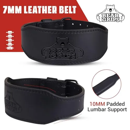 Bear Grips Weight Lifting Belt 7mm Weightlifting Belt Padded Gym Belt Double Prong Squat Belt Leather Workout Belt Powerlifting Deadlift Belt Back Support Exercise Belt Training Cinturon Black - XS