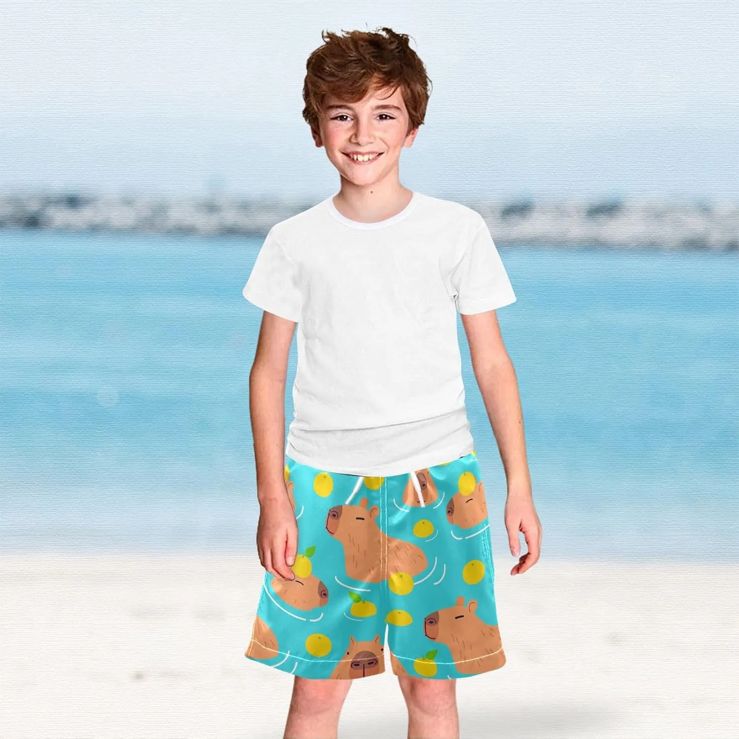 Boys Swim Trunks Capybara Surfing Swimwear Quick Dry Bathing Suit Colorful Beach Board Shorts