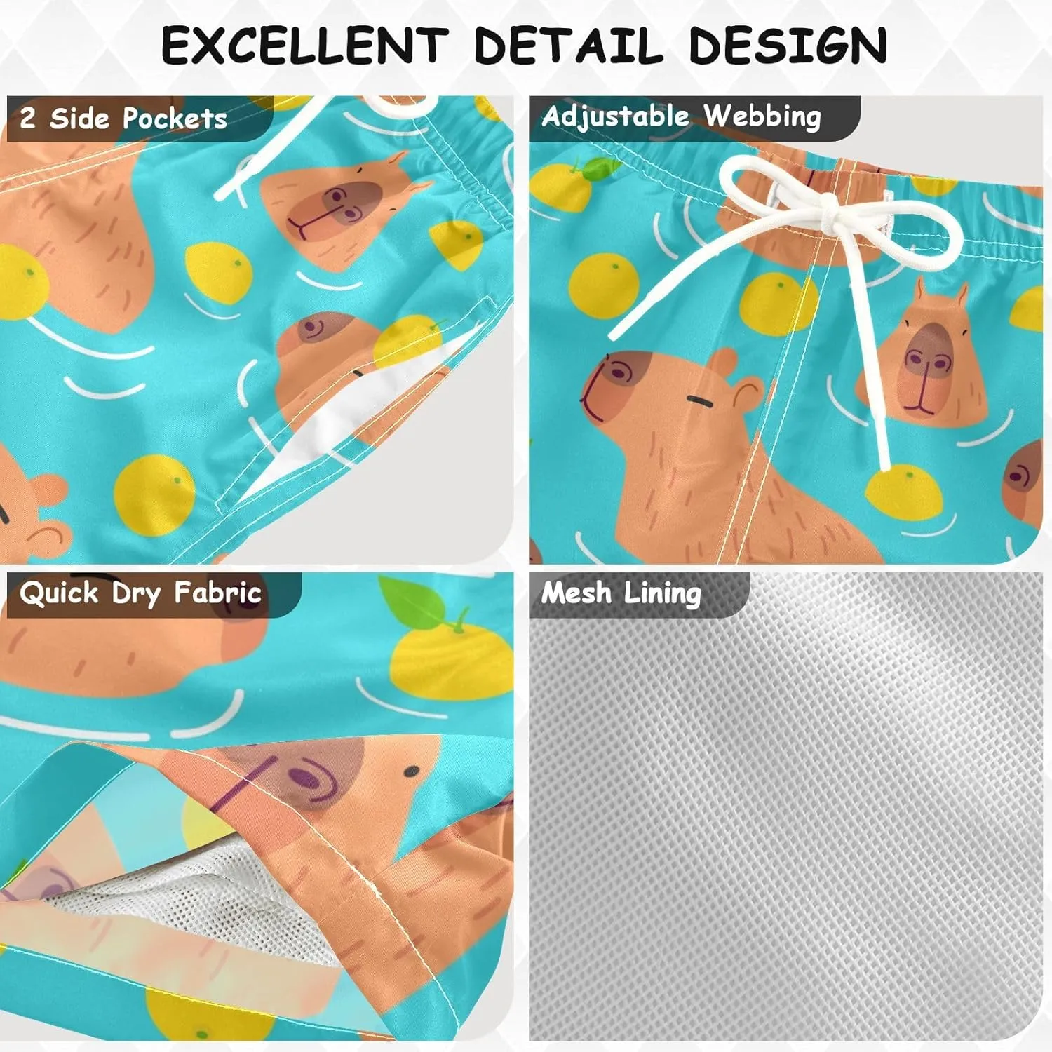 Boys Swim Trunks Capybara Surfing Swimwear Quick Dry Bathing Suit Colorful Beach Board Shorts