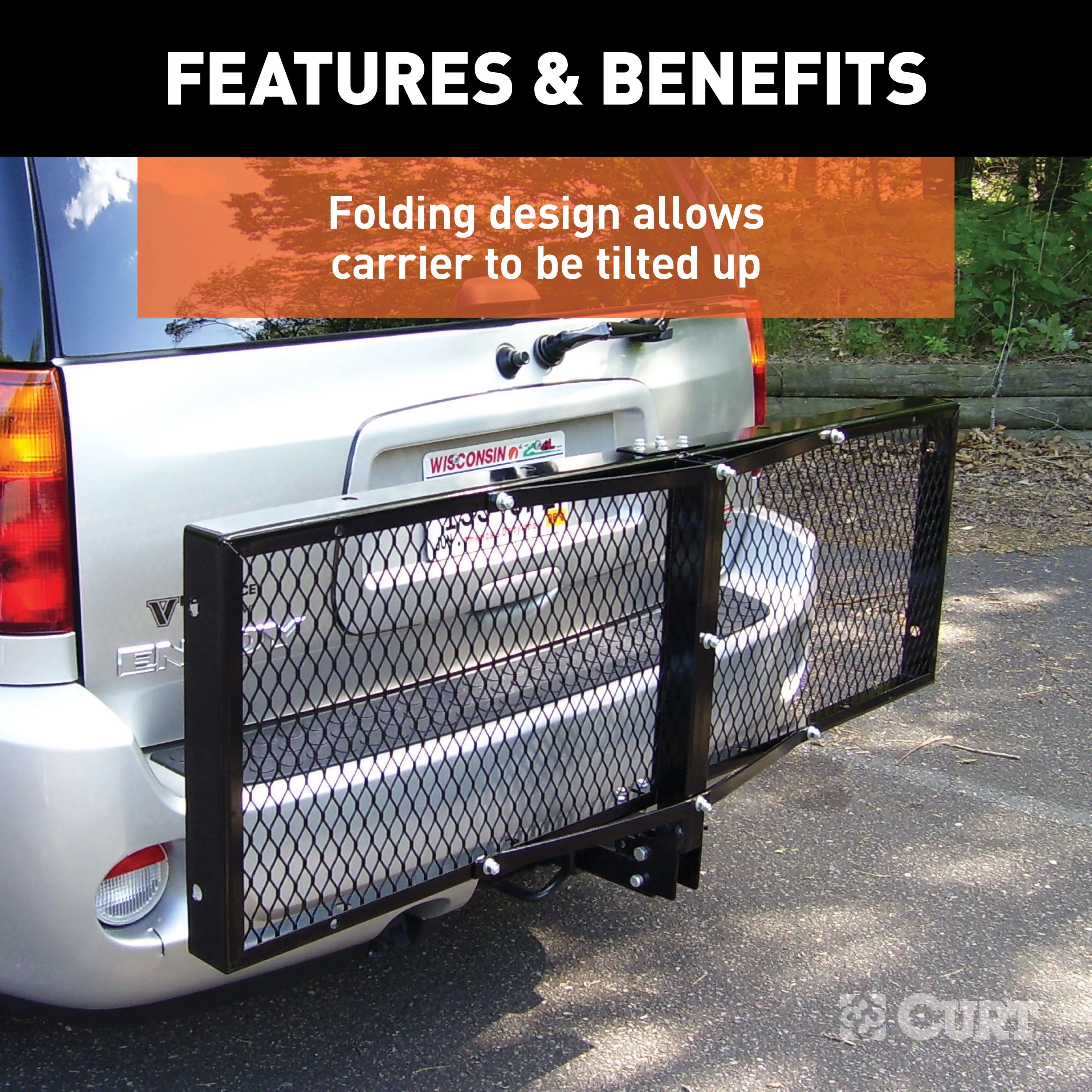 CURT 18109 60in. x 20in. Black Steel Tray Cargo Carrier (Folding 2in. Shank; 500 lbs.)