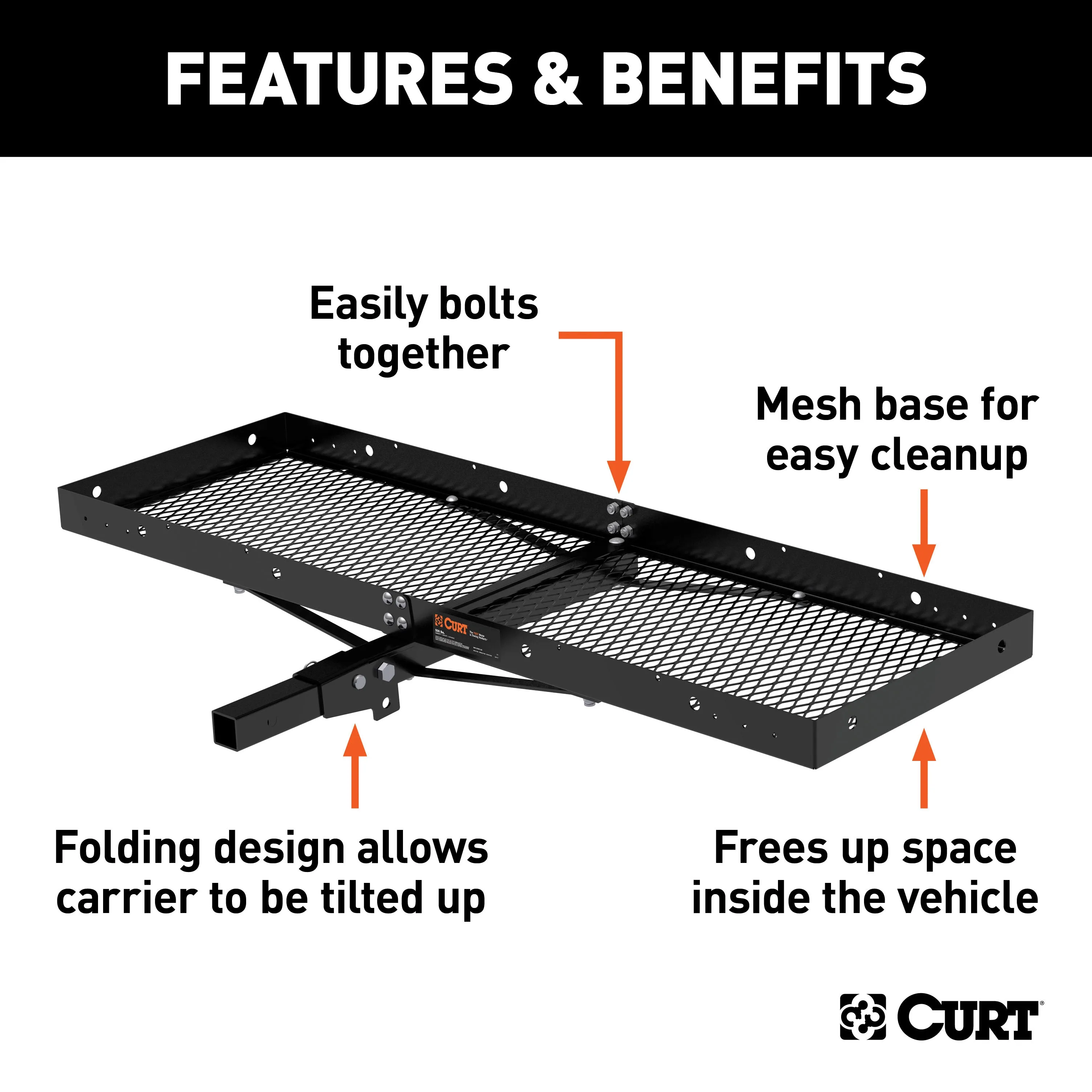 CURT 18109 60in. x 20in. Black Steel Tray Cargo Carrier (Folding 2in. Shank; 500 lbs.)