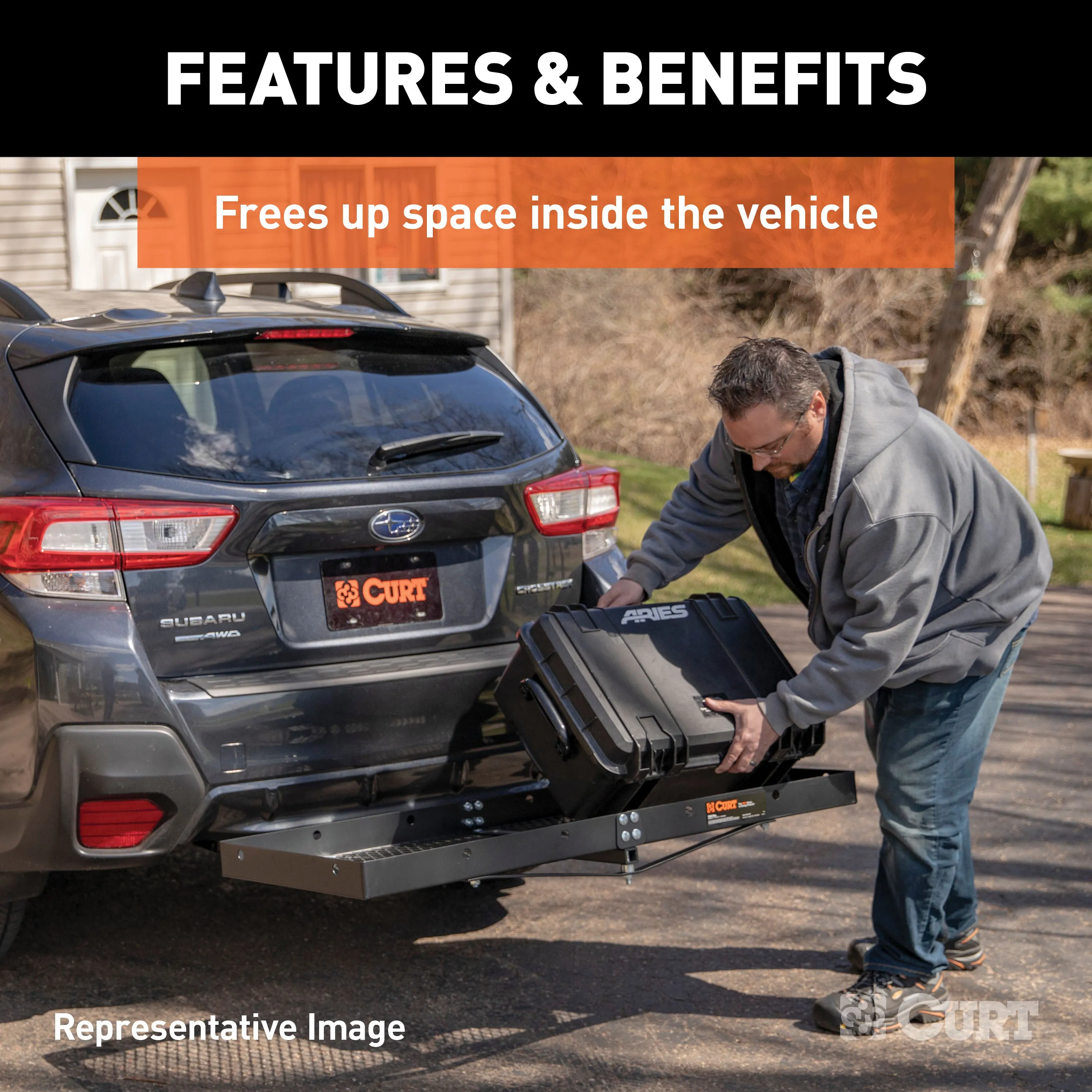 CURT 18109 60in. x 20in. Black Steel Tray Cargo Carrier (Folding 2in. Shank; 500 lbs.)