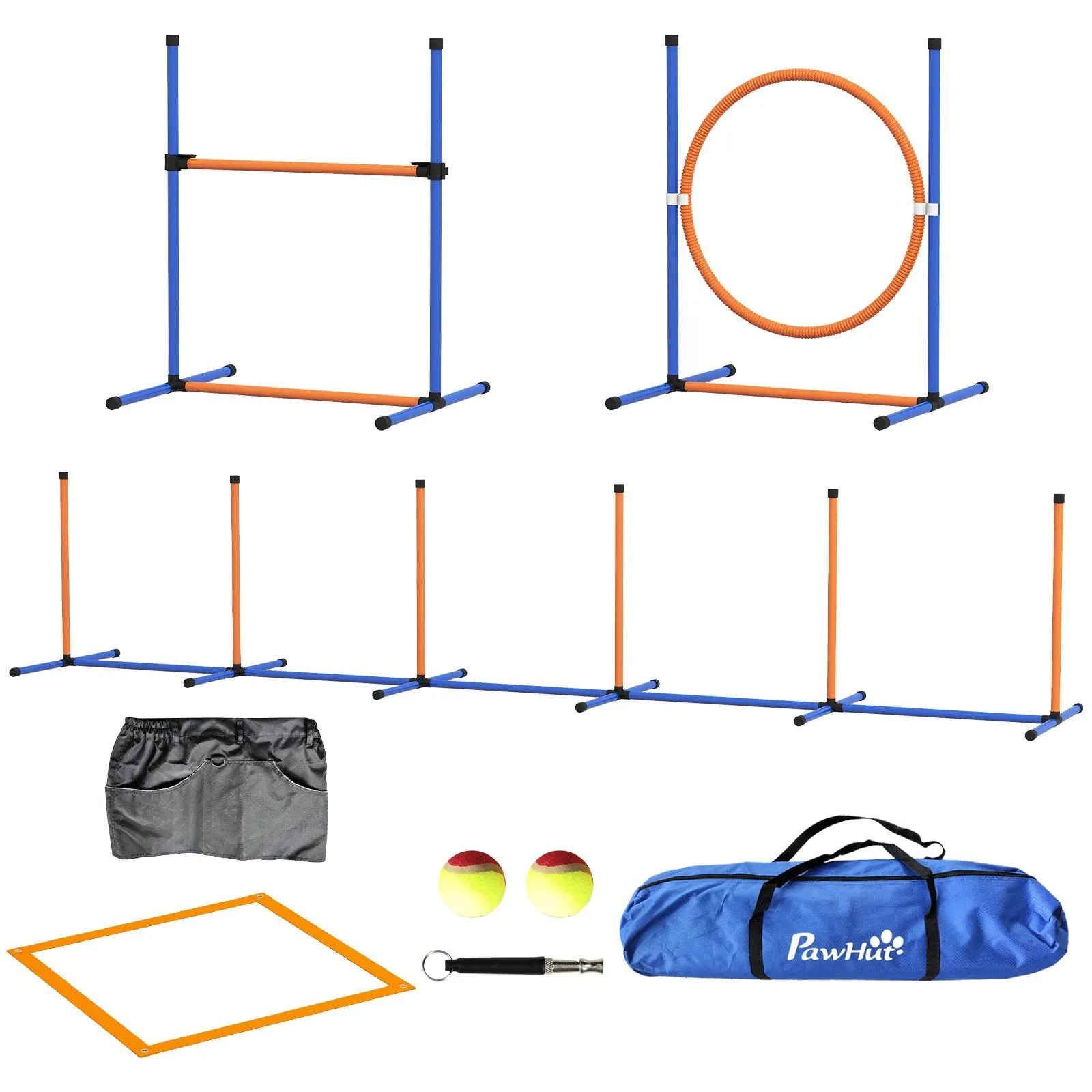 Five-Piece Dog Agility Equipment Set with Weave Poles Jump Ring Hurdle Pause Box Training Shorts Bag Orange