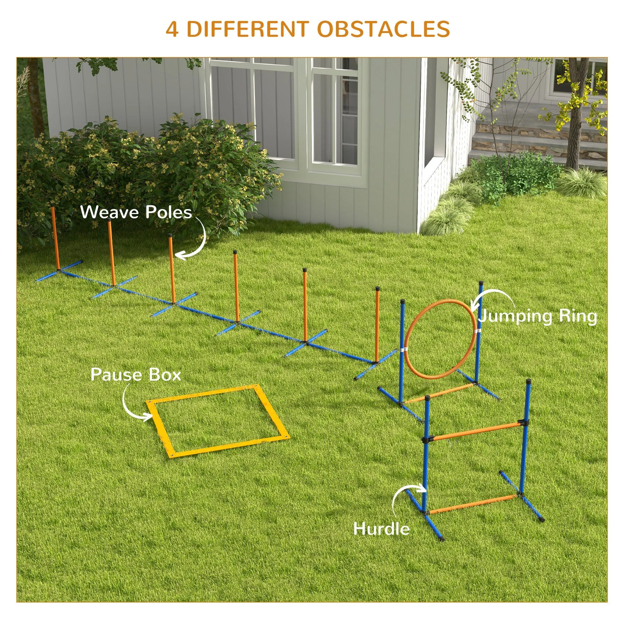 Five-Piece Dog Agility Equipment Set with Weave Poles Jump Ring Hurdle Pause Box Training Shorts Bag Orange