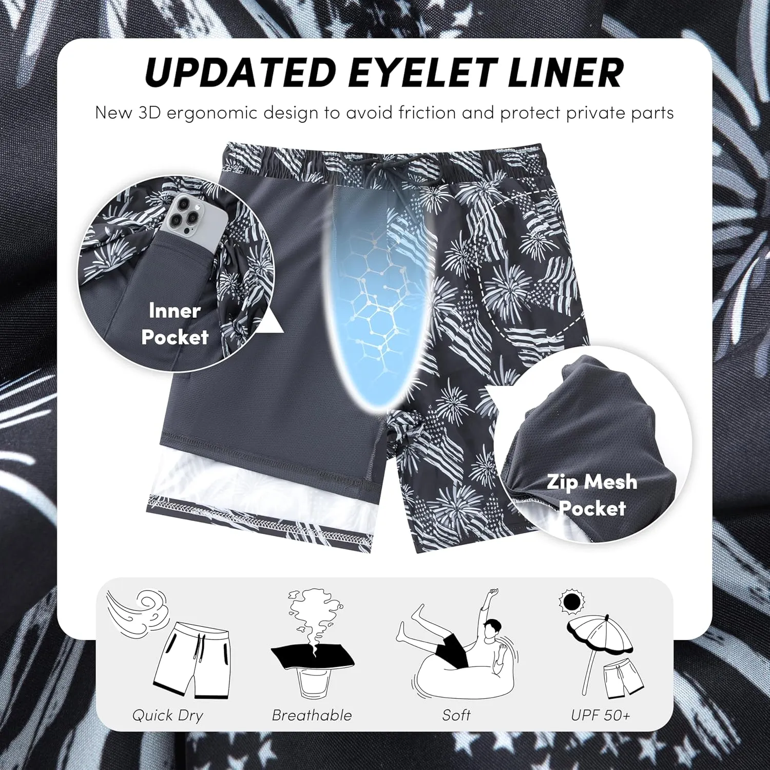 Men Swim Trunks with Compresssion Liner 7 Inch Inseam Board Shorts 2-in-1 Bathing Suit with Zipper Pockets