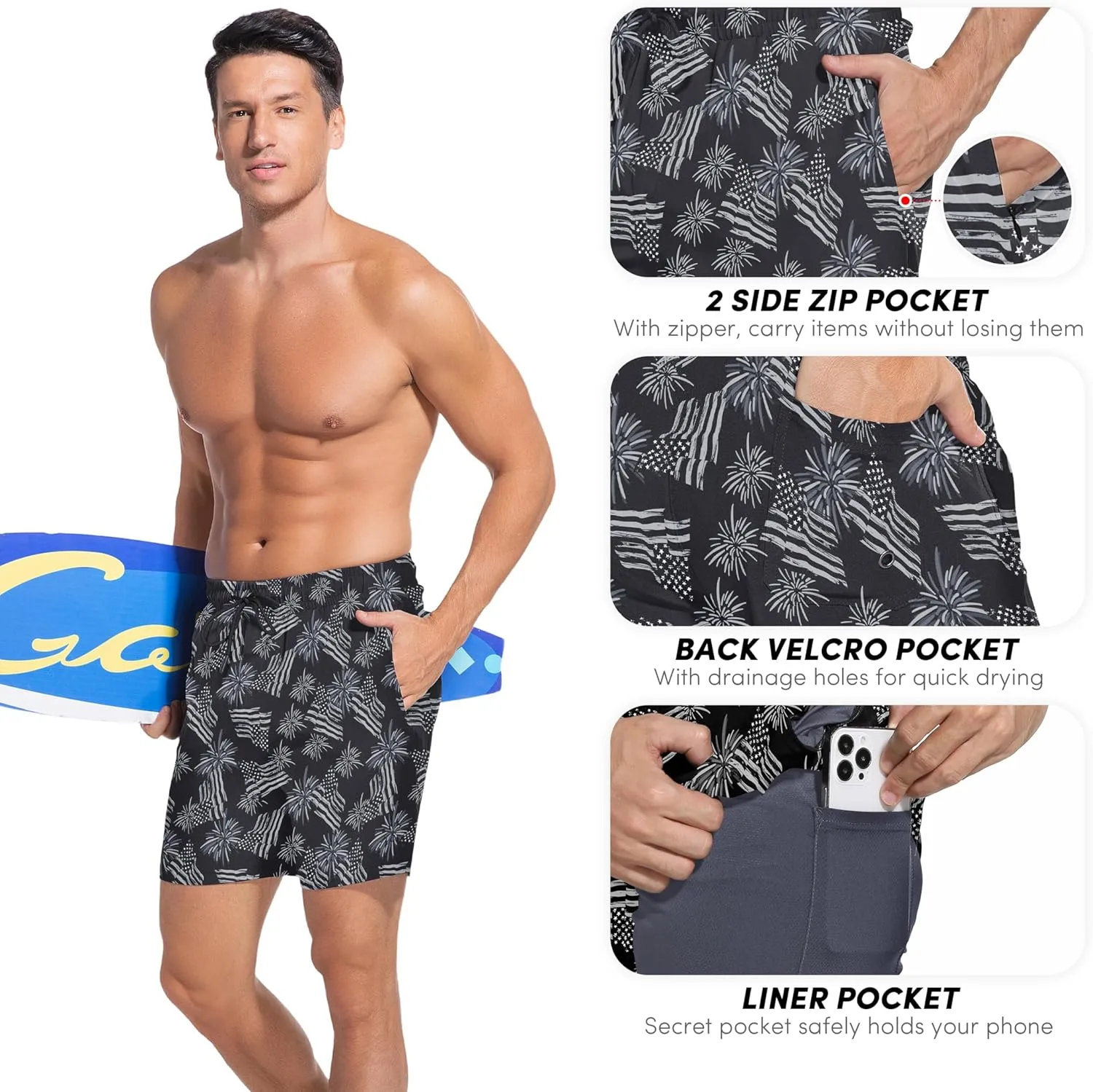 Men Swim Trunks with Compresssion Liner 7 Inch Inseam Board Shorts 2-in-1 Bathing Suit with Zipper Pockets