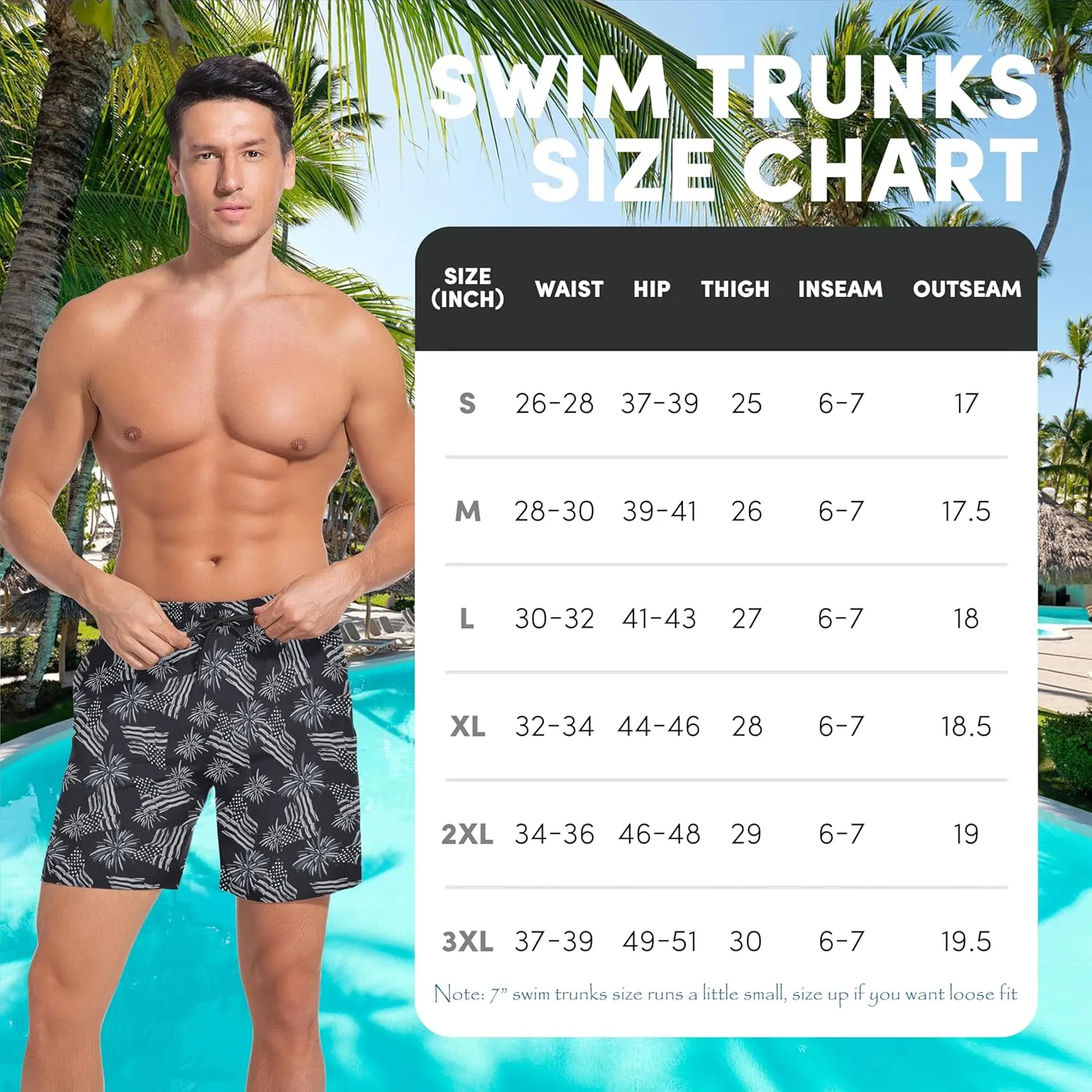 Men Swim Trunks with Compresssion Liner 7 Inch Inseam Board Shorts 2-in-1 Bathing Suit with Zipper Pockets