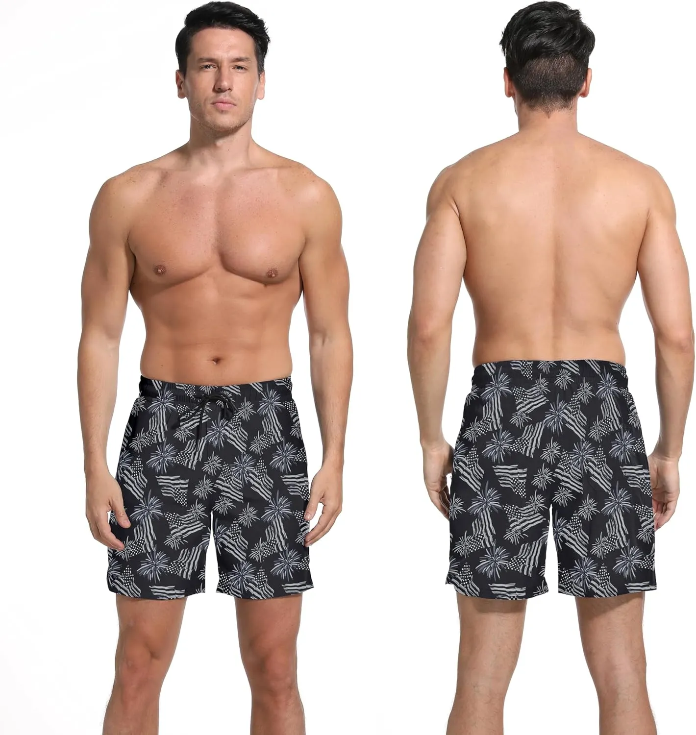 Men Swim Trunks with Compresssion Liner 7 Inch Inseam Board Shorts 2-in-1 Bathing Suit with Zipper Pockets