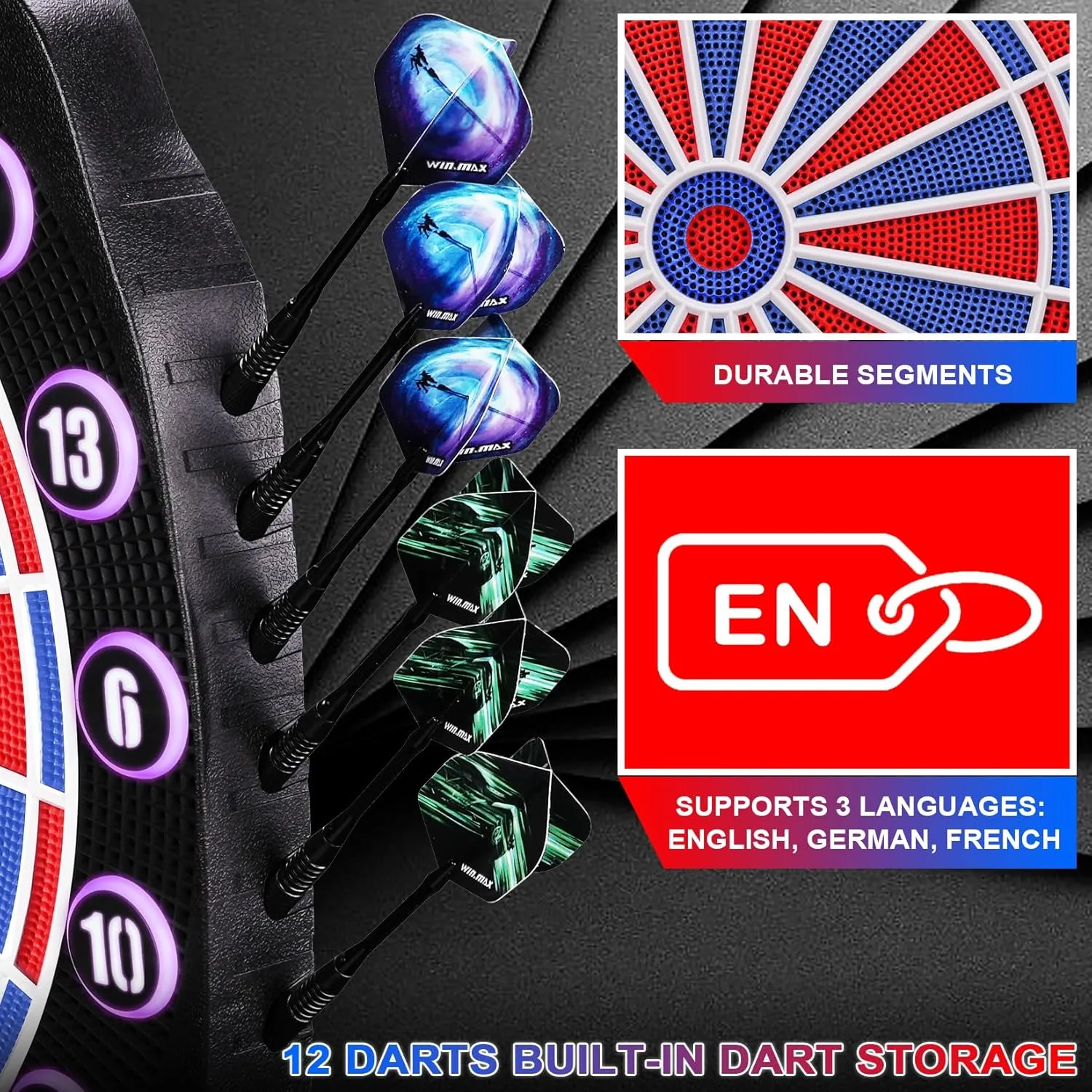 WIN.MAX Electronic Dart Board Soft Tip Dartboard Set LED Displays 3 Languages with 12 Darts 100 Tips Power Adapter