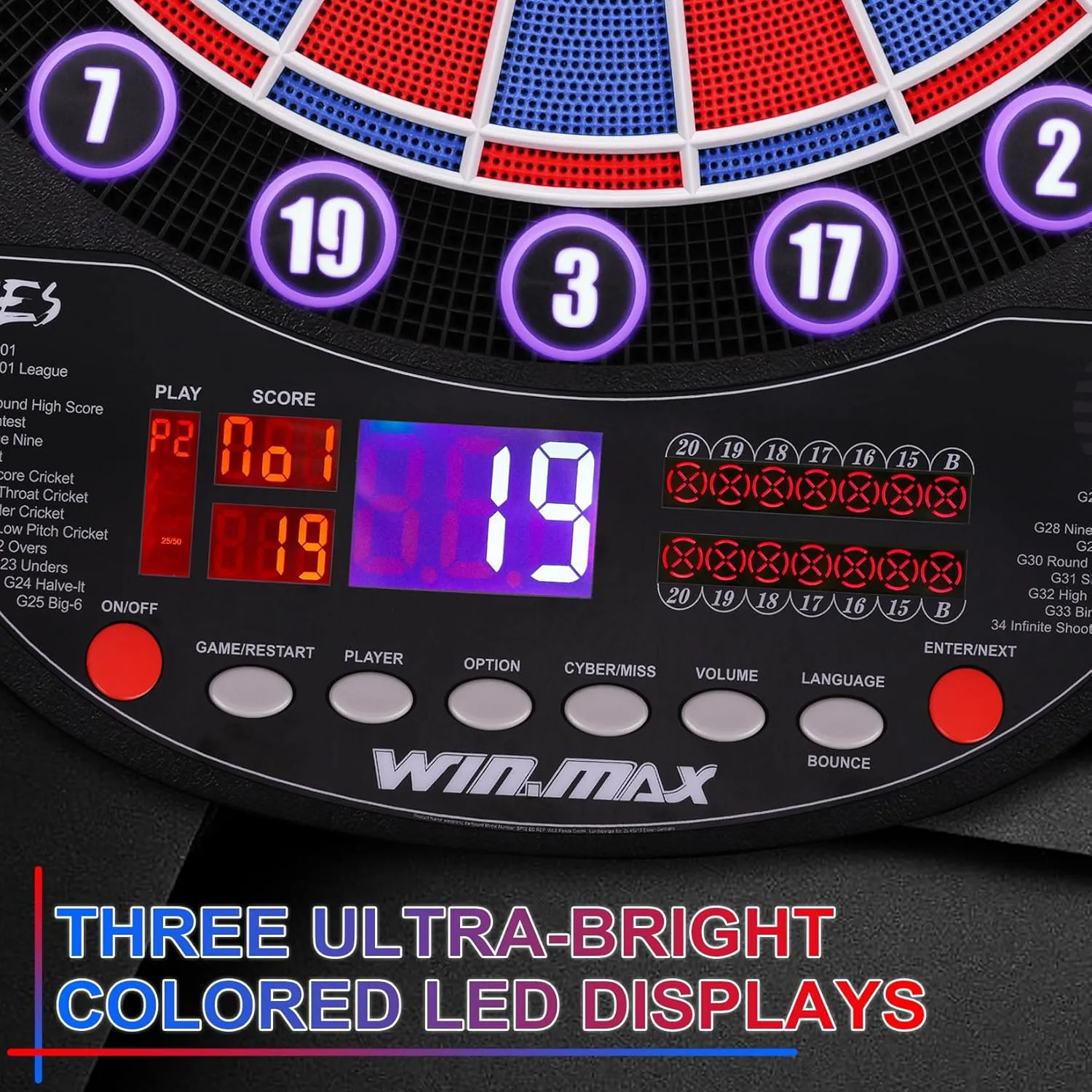 WIN.MAX Electronic Dart Board Soft Tip Dartboard Set LED Displays 3 Languages with 12 Darts 100 Tips Power Adapter