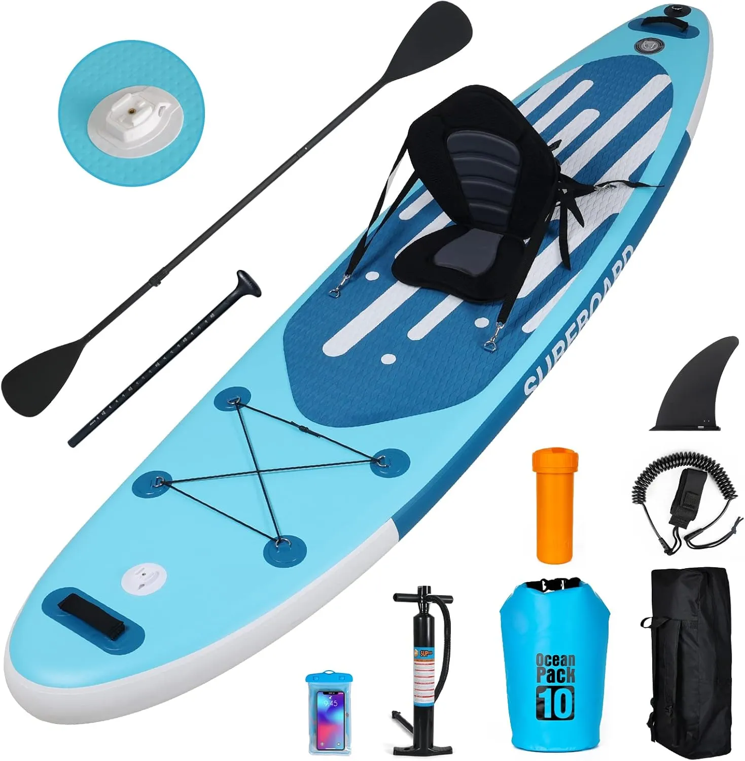 YUSING Inflatable Stand Up Paddle Board with Kayak Seat, Non-Slip Deck SUP Paddle Board with Premium Kayak, Portable Standing Boat for Youth & Adult